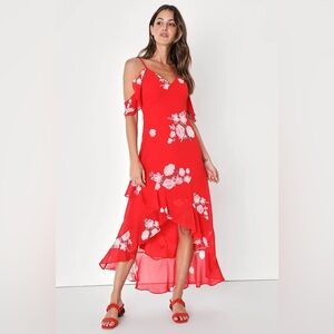 Lulus Love in Bloom Red Floral Print Off-the-Shoulder High-Low Dress, size small